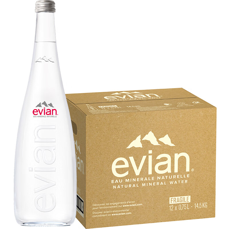 依云Evian 750ml*12瓶/箱 玻璃瓶 天然矿泉水（整箱）
