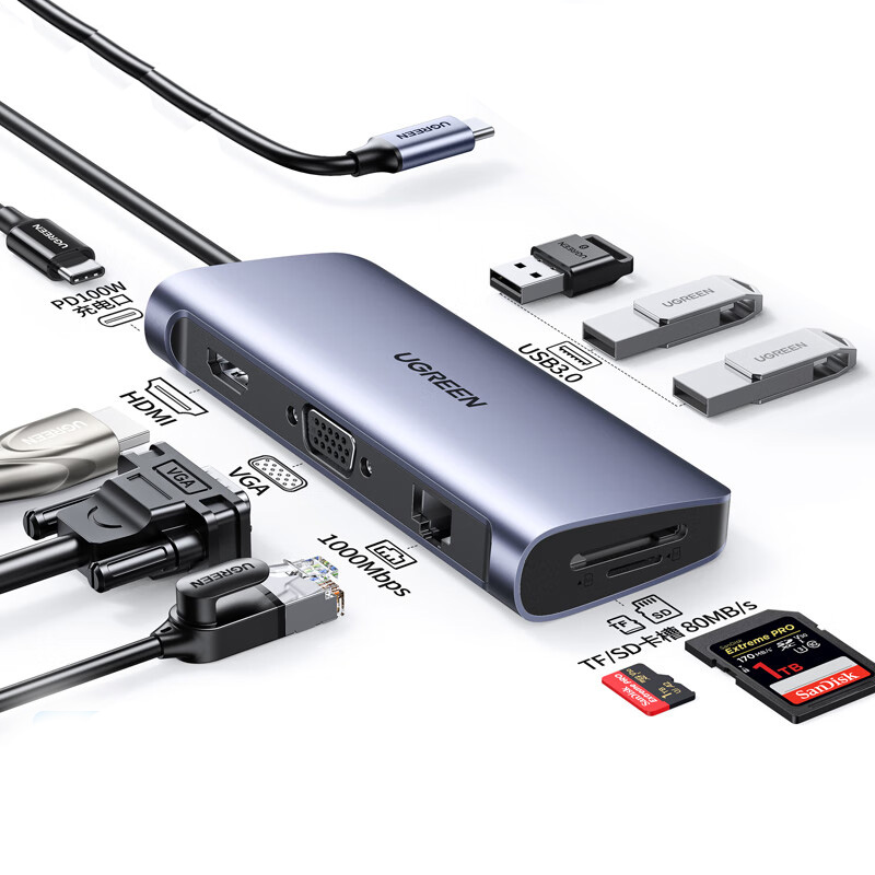 绿联Ugreen 40873 Type-C转HDMI/VGA USB-C扩展坞PD充电转接头数据线