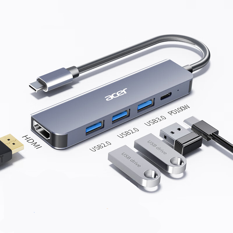 宏碁Acer HY41-T5 基础款 USB3.0*3+PD100W*1+HDMI*1 灰色 5合1 Type-C扩展坞