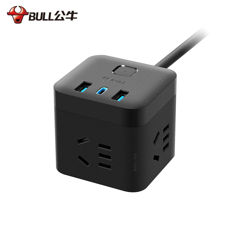 公牛Bull GNV-UU2303H 30WPD 3米 3孔*3+Type-C*1+USB*2 黑色 总控 魔方电源插座