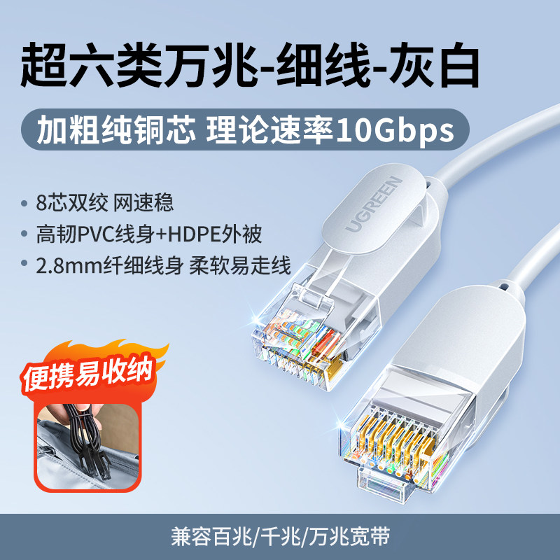绿联Ugreen 45479 1.5米 灰白色 细圆线 水晶头 非屏蔽 纯铜 超六类万兆网线