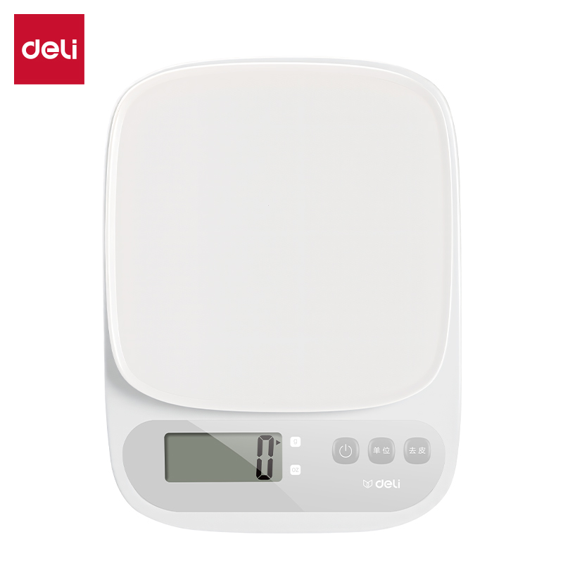 得力Deli LW102 150*200*31mm 量程：3g-10kg 白色 LCD背光屏 电子厨房秤