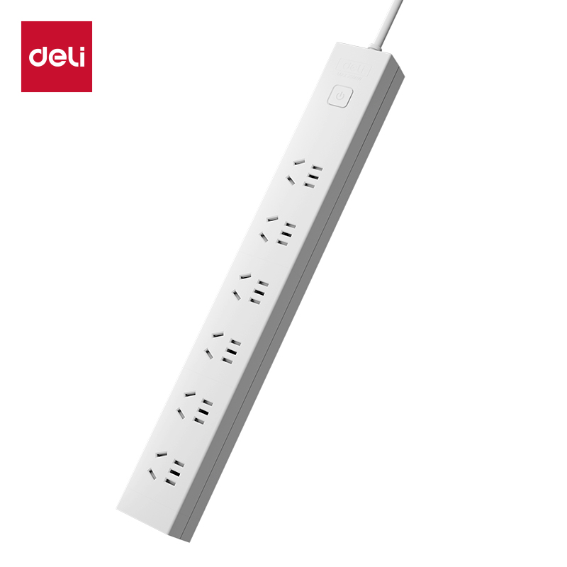 得力Deli LU1760 1.8米 6眼单排 总控 白色 PDU电源插座