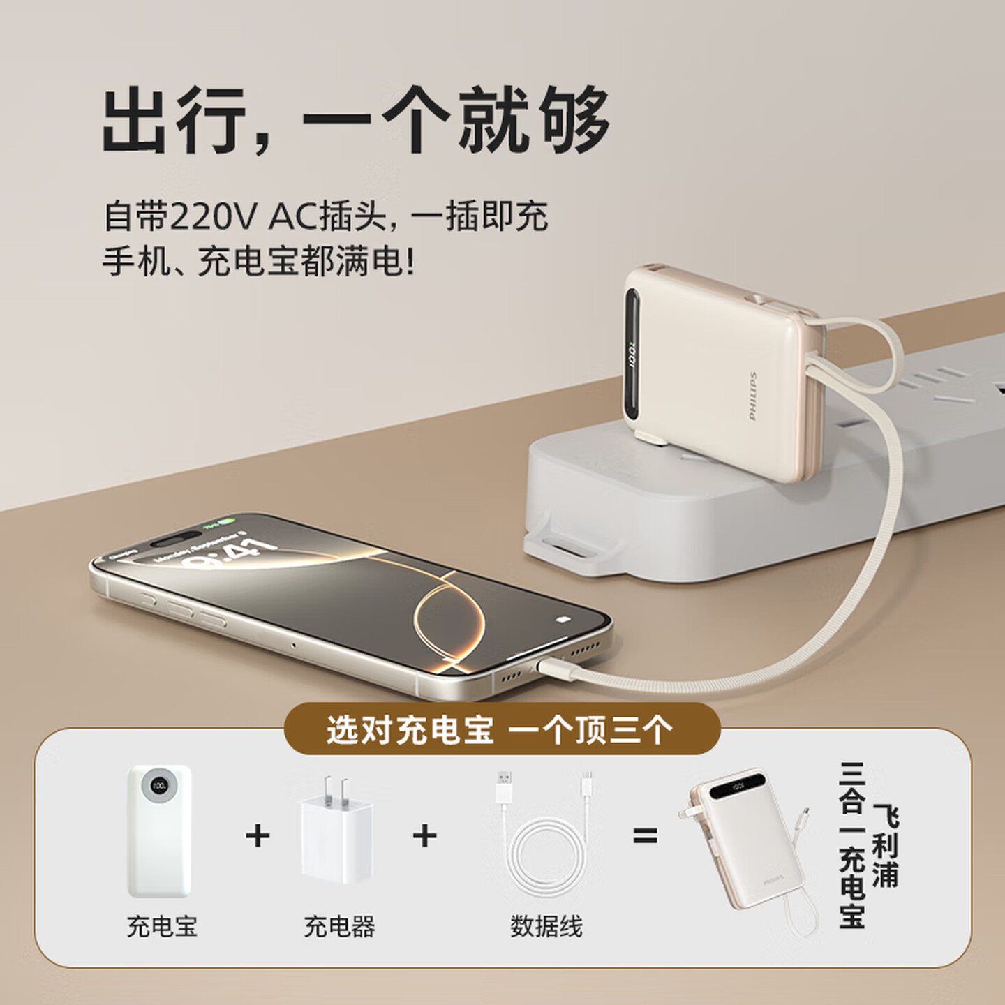 飞利浦Philips 22.5W 20000mAh 奶白色 自带L/C口双线+折叠插头 三合一充电宝