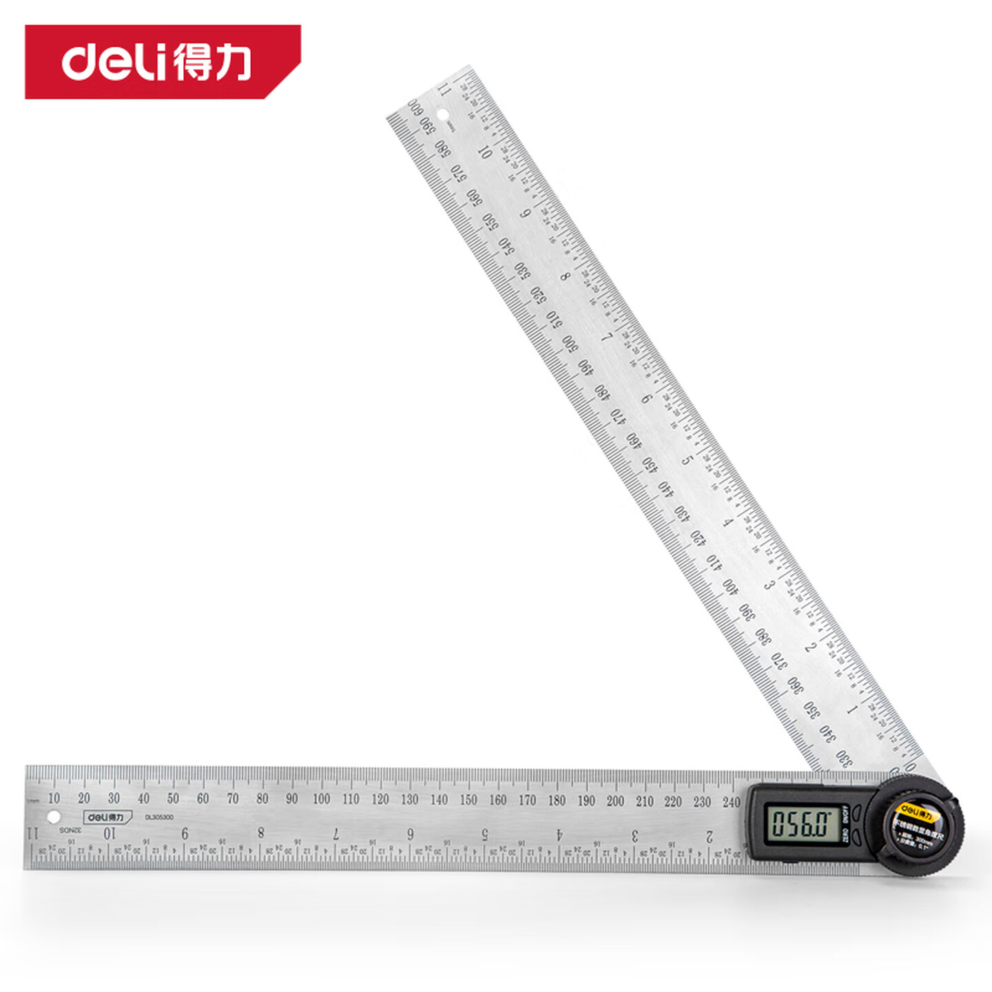 得力Deli DL305300 300mm 量程：0-360° 不锈钢数显角度尺