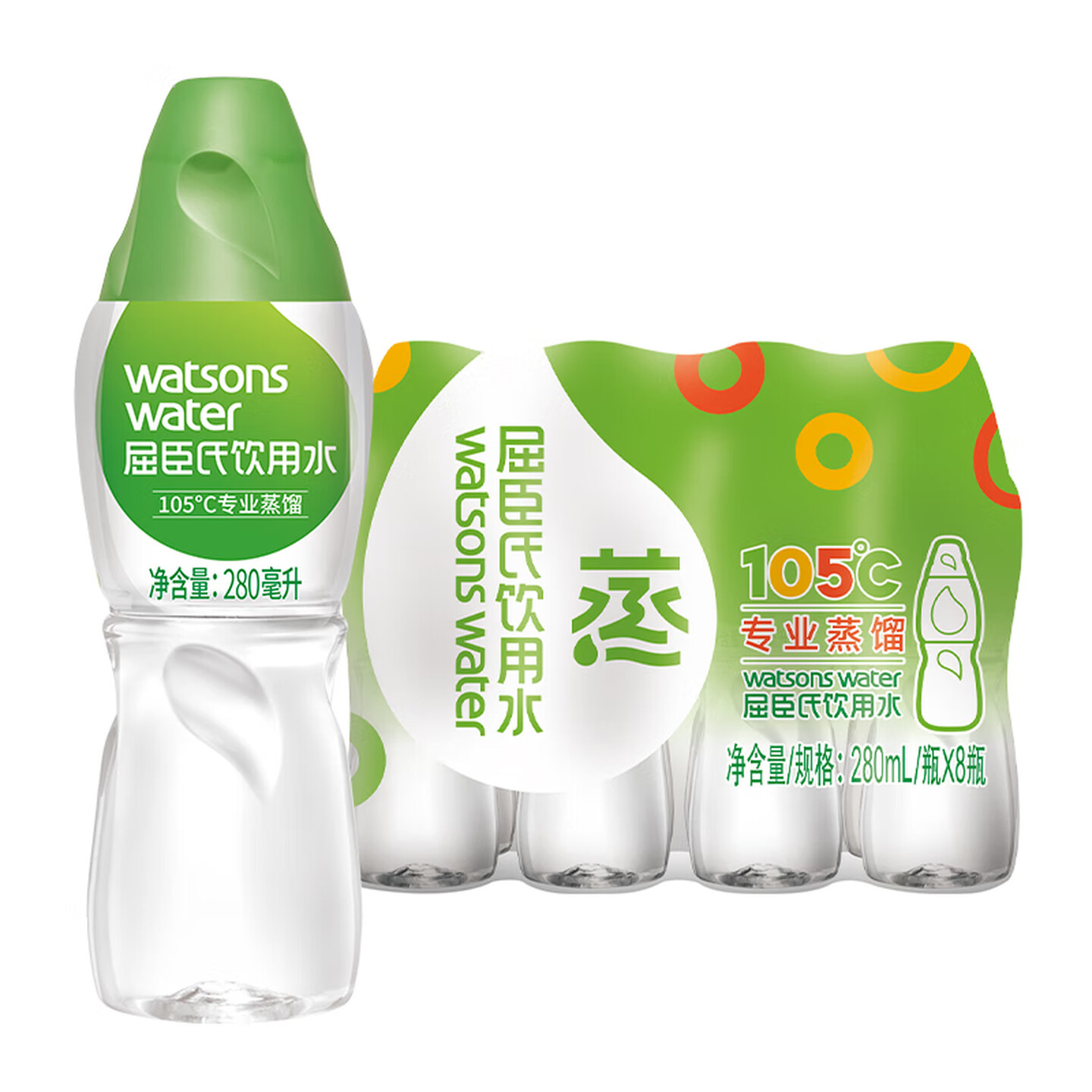 屈臣氏Watsons 280ml*8瓶/箱 塑封装 蒸馏制法 饮用水（整箱）