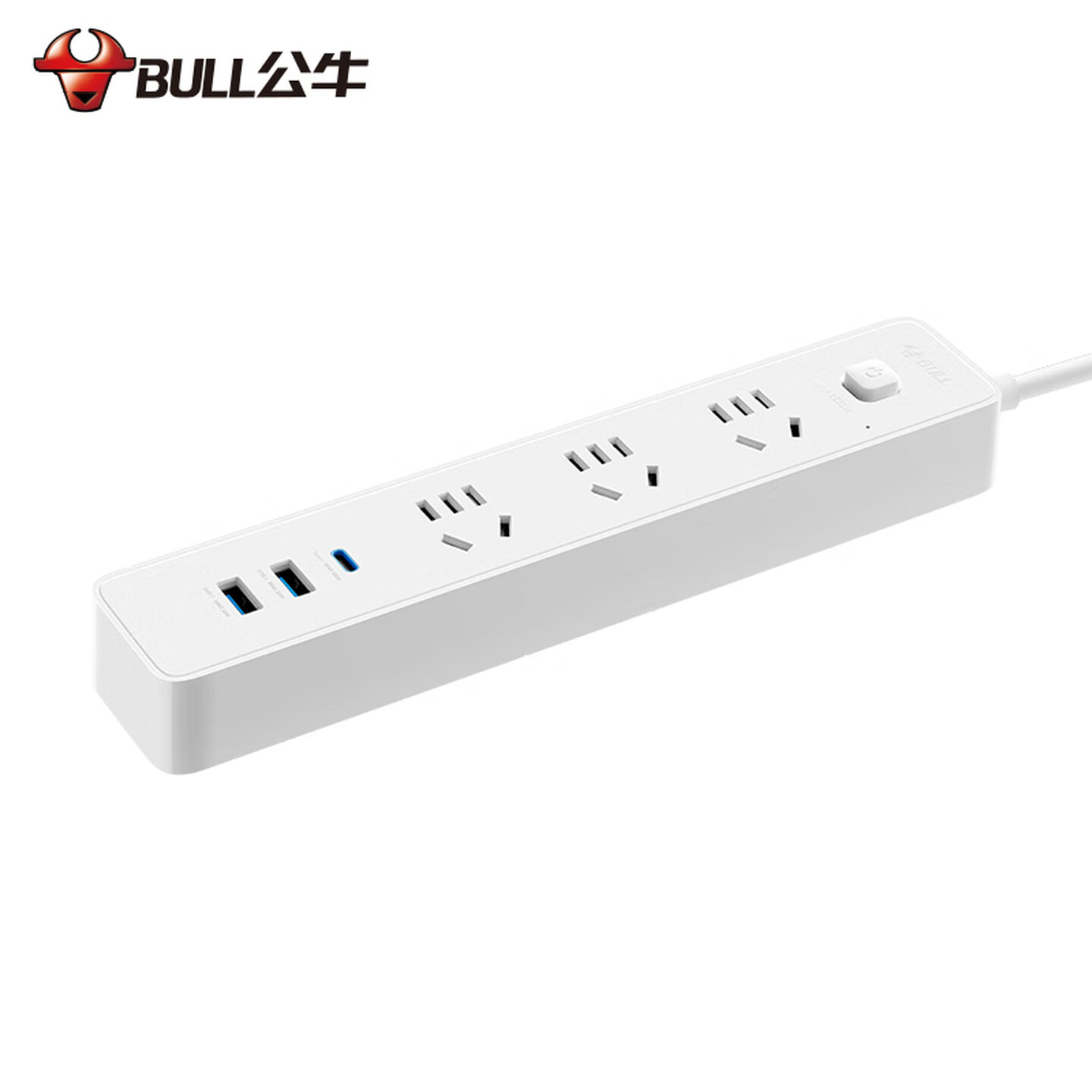 公牛Bull GNV-UU4303B 3米 3眼单排+USB-A*2+Type-C 30W PD快充 总控 白色 电源插座