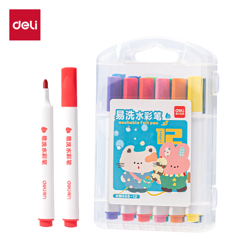 得力Deli HM668-12 12支/盒 12色 三角杆 纤维笔头 易洗水彩笔