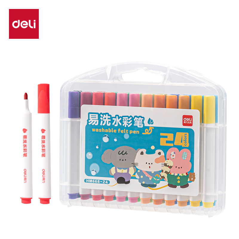 得力Deli HM668-24 24支/盒 24色 三角杆 纤维笔头 易洗水彩笔