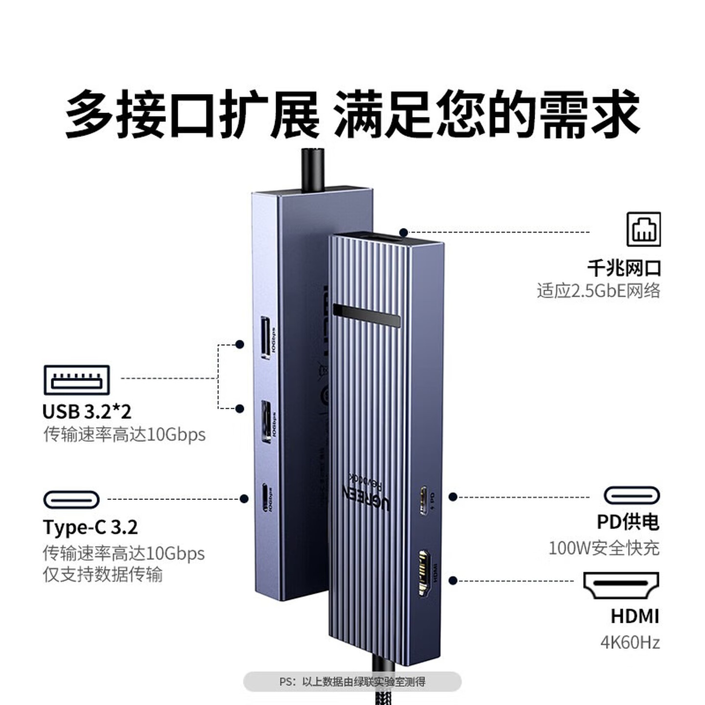 绿联Ugreen 55542 PD100W供电口+HDMI+USB*2+USB-C+千兆网口 4K/60Hz USB-C6合1扩展坞