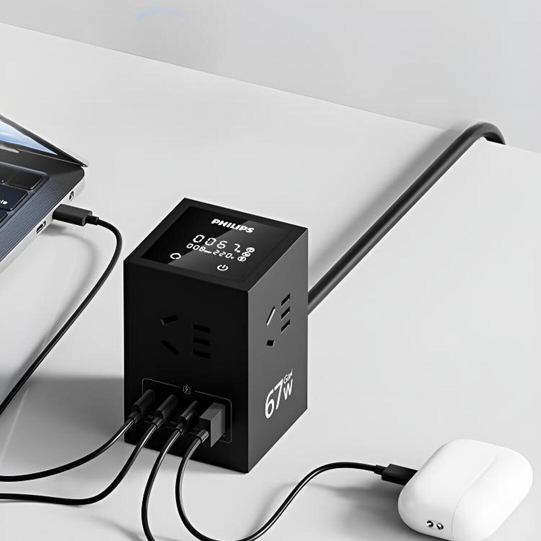 飞利浦Philips SPN8641BD/93 1.5米 67W 4位五孔+USA-A+USB-C*3 黑色 数显立式桌面插座