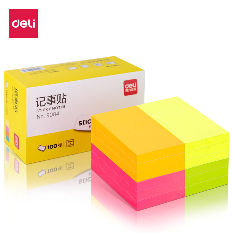 得力Deli 纯优 9084 76*51mm 100张/本 12本/盒 四色 荧光彩色记事贴/便利贴