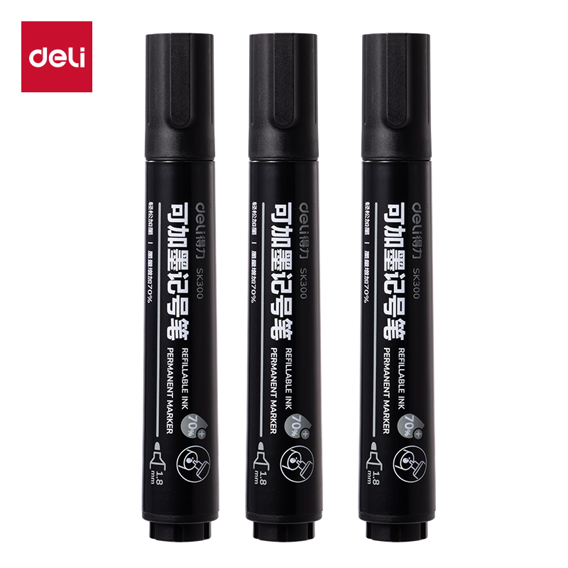 得力Deli SK300 1.8mm 黑色 10支/盒 大容量 可加墨记号笔
