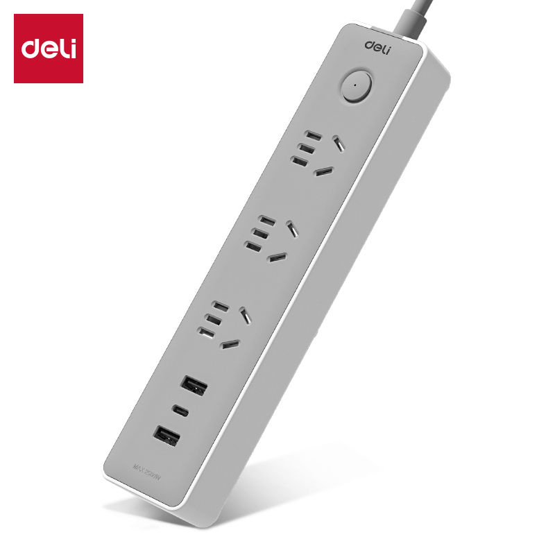 得力Deli 18186 1.8米 3眼+USB-A*2+USB-C 总控 灰色 电源插座