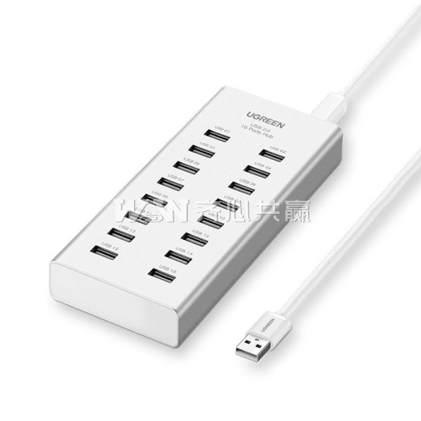 绿联Ugreen 20298 1米 USB-A*16口/USB2.0 带供电 银白色 HUB集线器